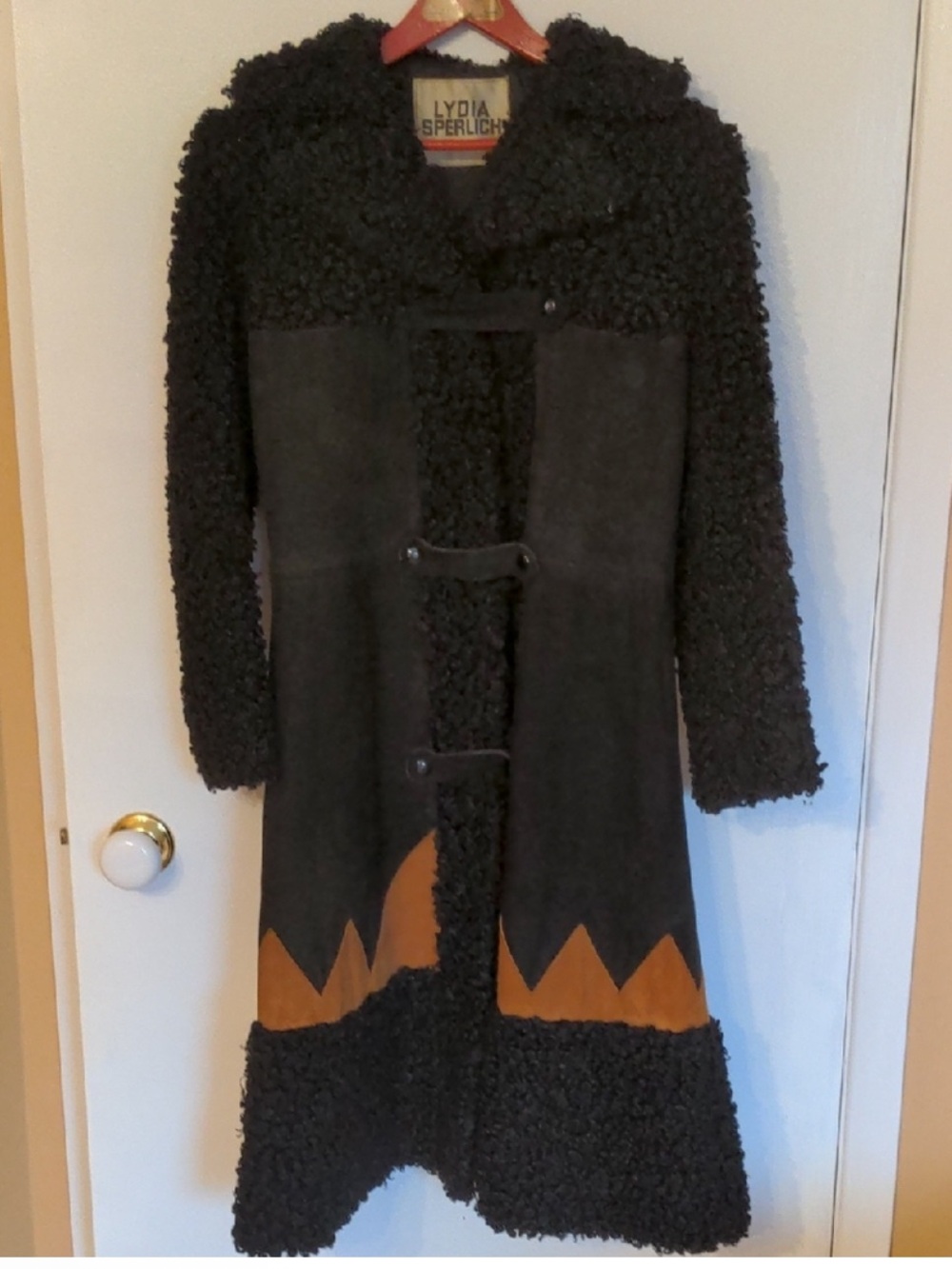 Lydia Sperlich Black Shearling Long Coat with Brown Accent